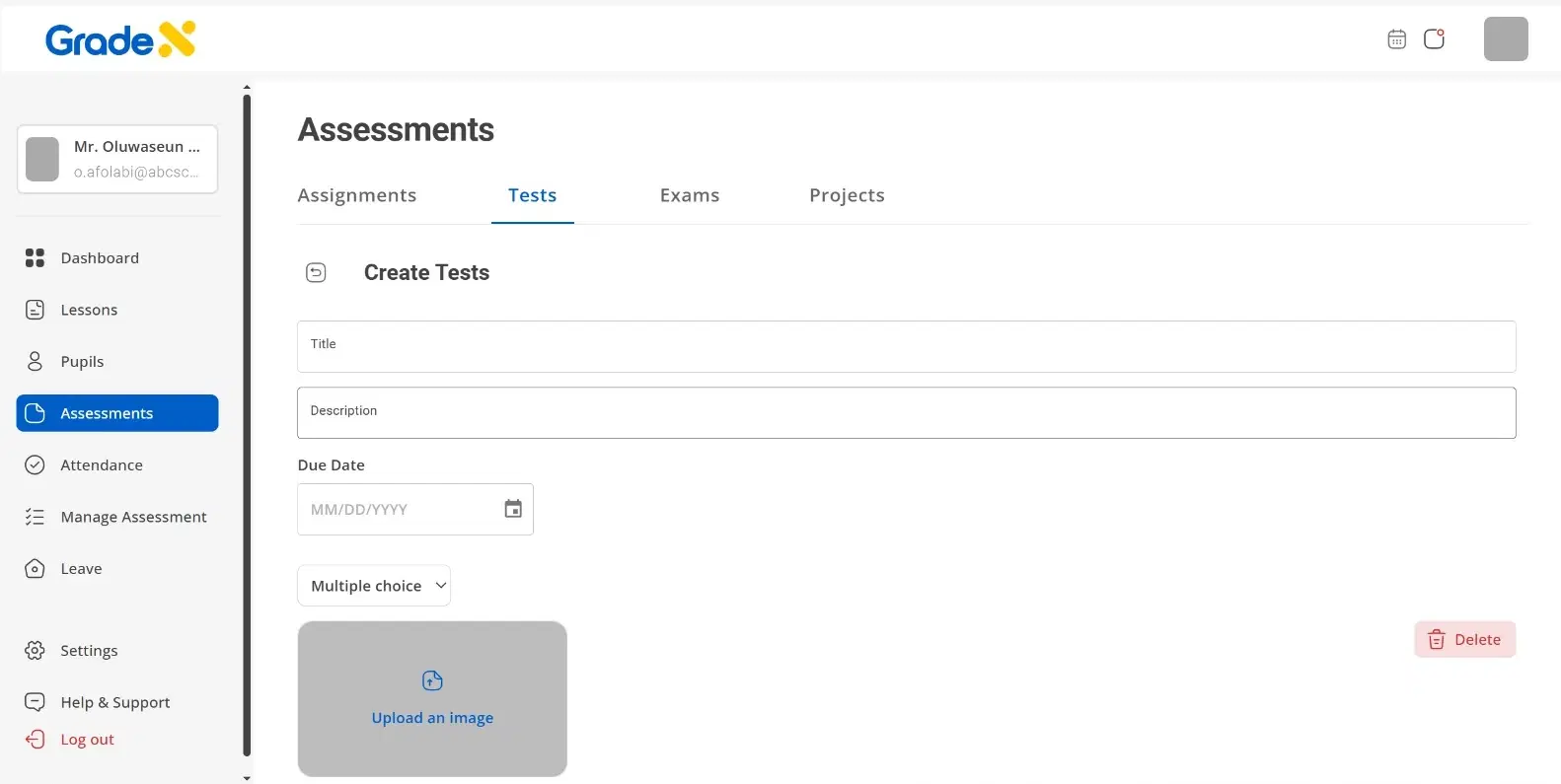 Assessment screen on GRADEX
