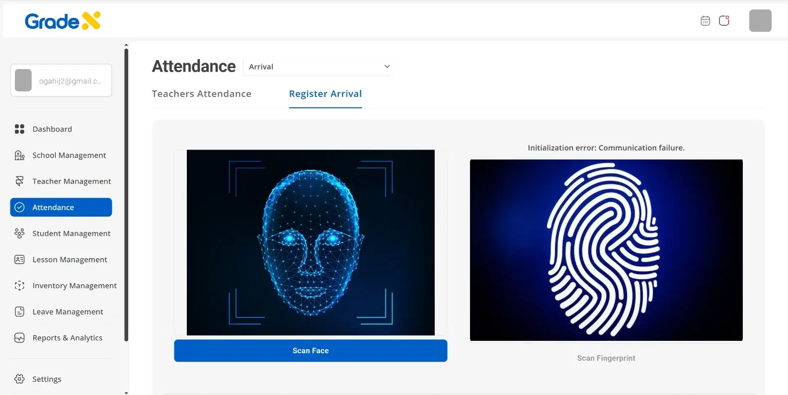Biometrics screen on GRADEX