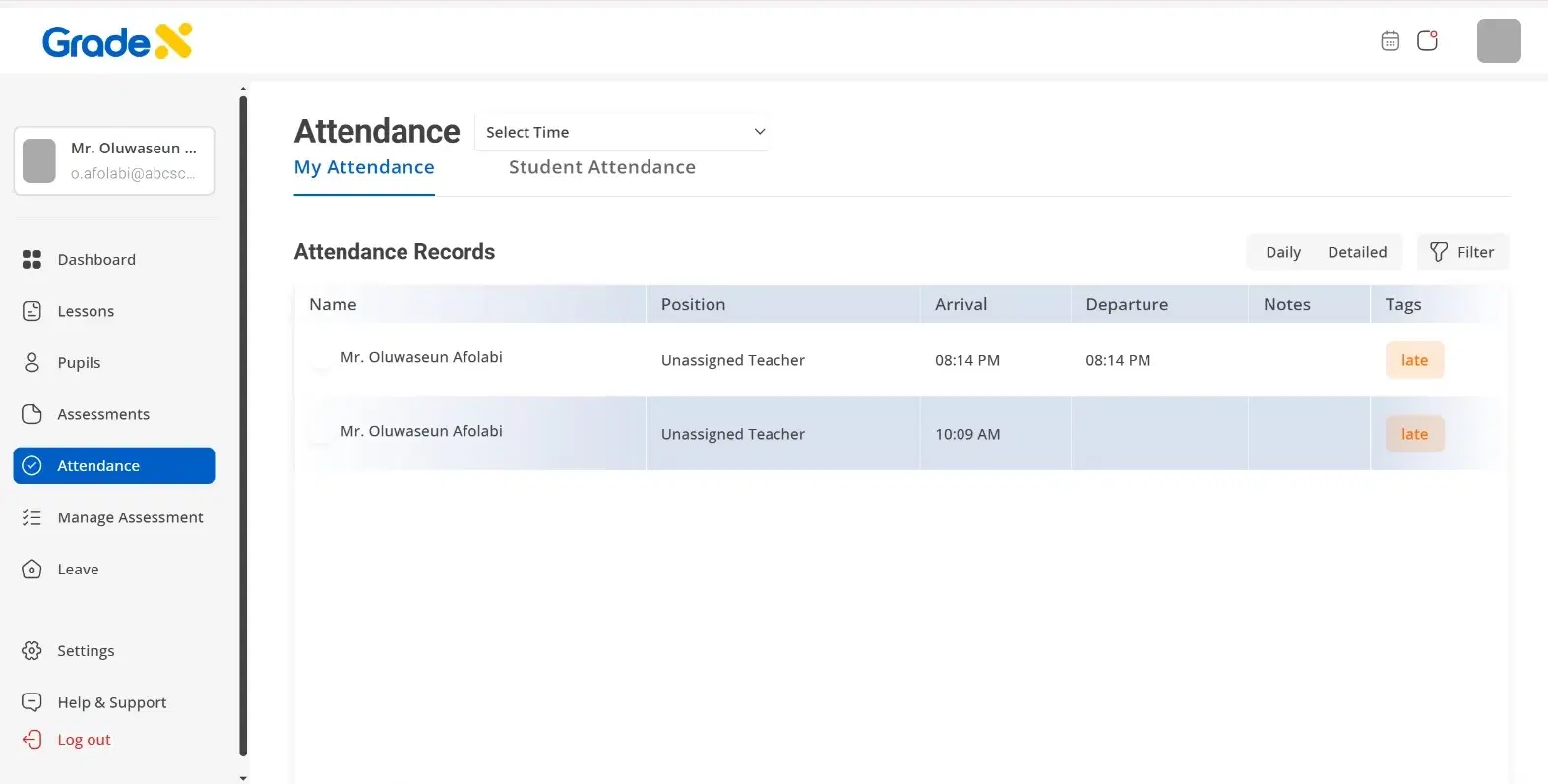 Teacher attendance on GRADEX